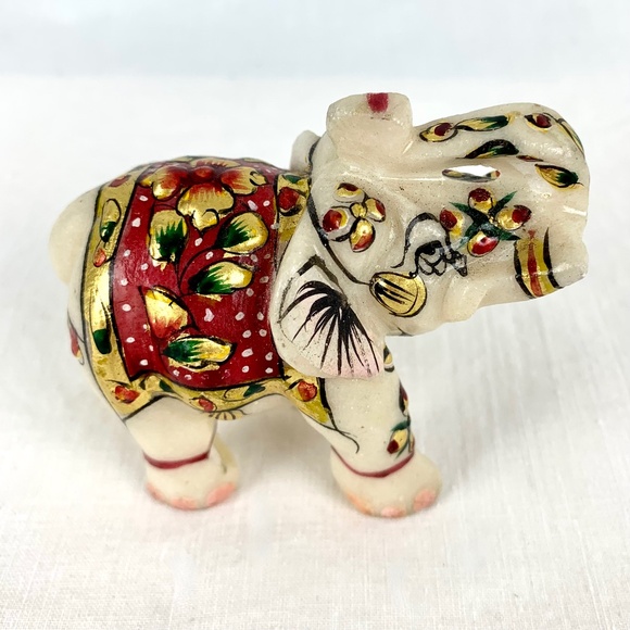 Hand Carved 3 in Marble Elephand Hand Painted Gold Trim Raised Trunk Excellent